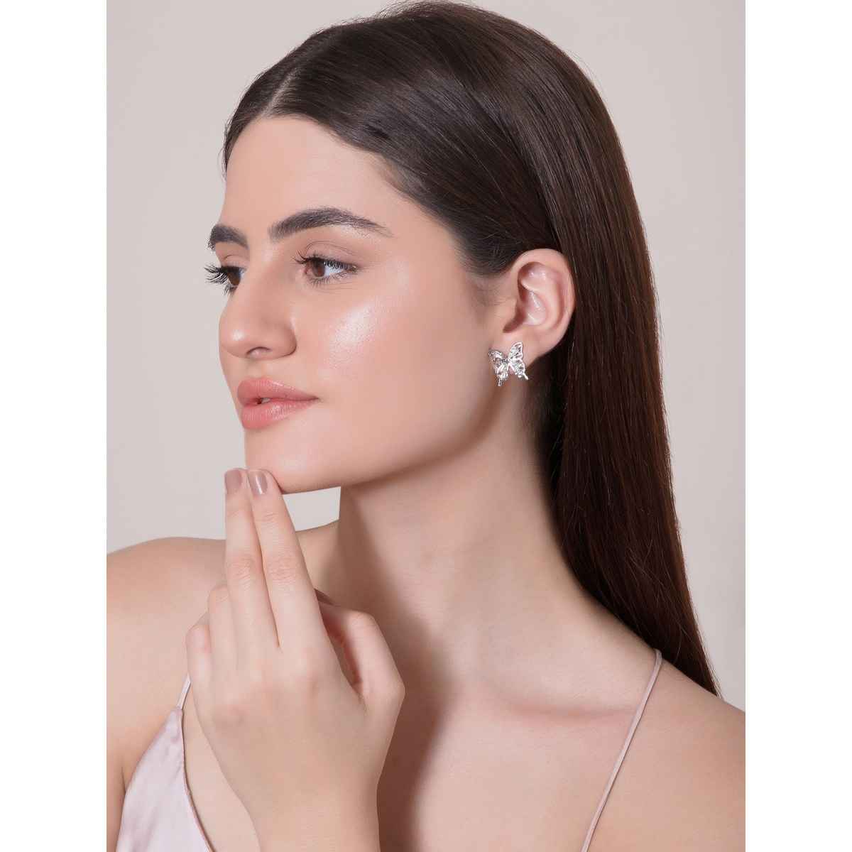 SALTY Diamond Butterfly Stud Earrings for Women and Girls| Anti-Tarnish | Silver