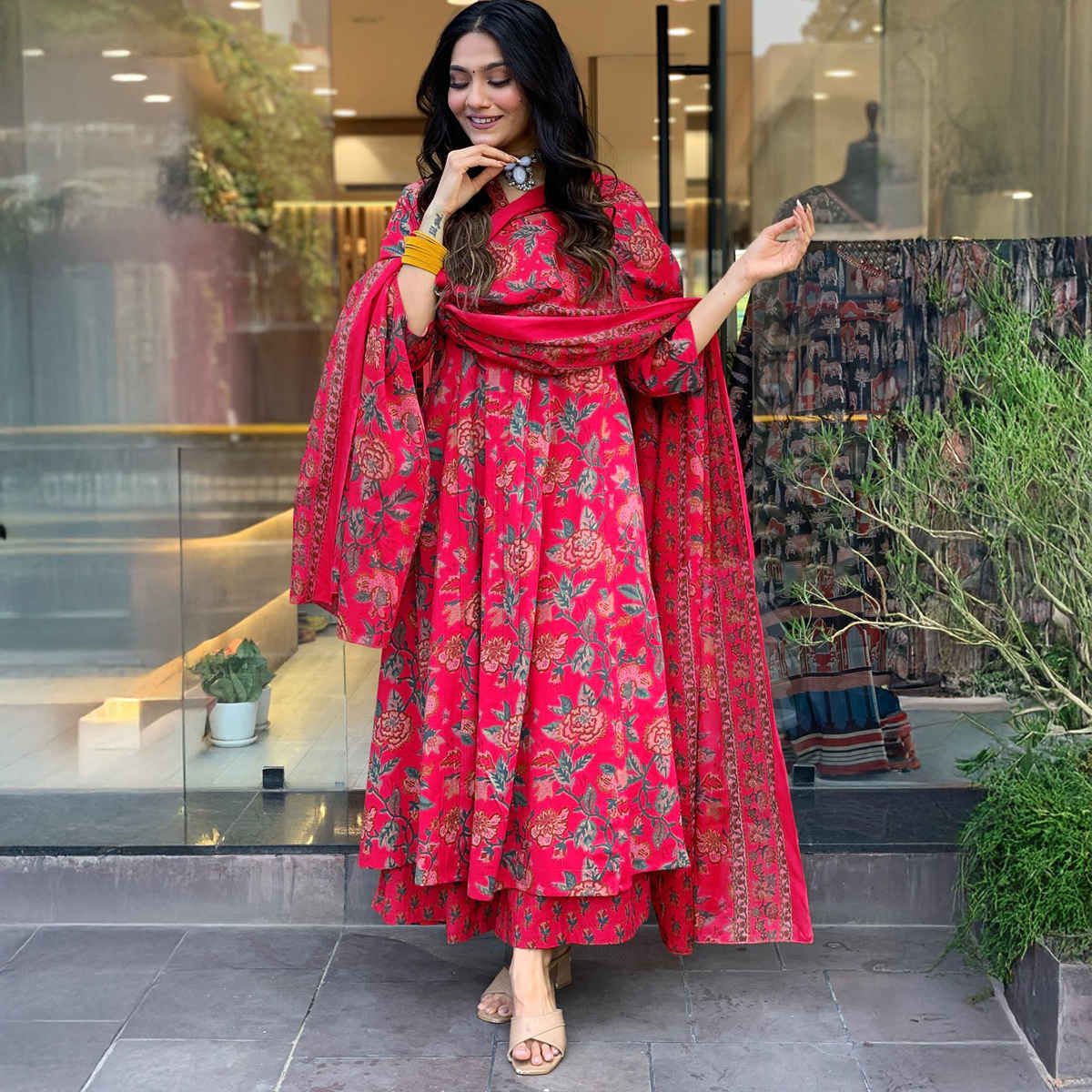 GoSriKi Women's Viscose Rayon Anarkali Printed Kurta with Pant & Dupatta | CIA | Pink - M