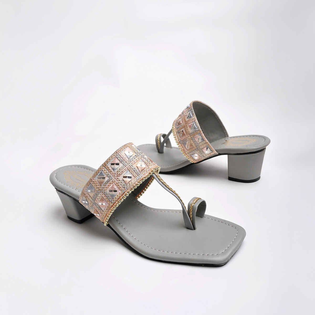 Shoetopia Classic Grey Kolhapuri Heels For Women | UK 6