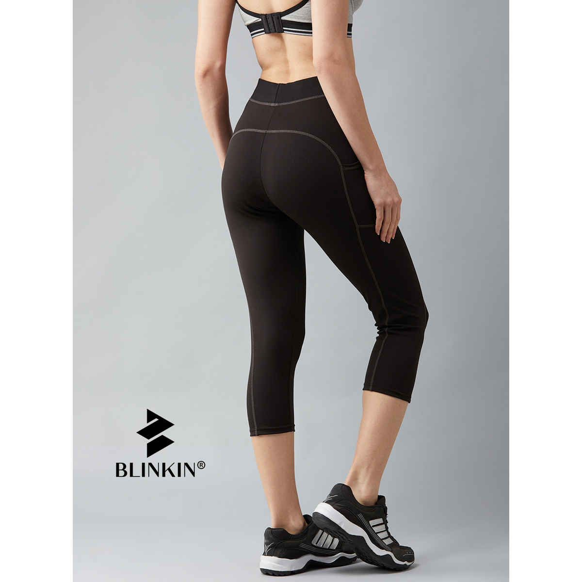 Blinkin Women's 3/4 Gym Tights - Black | Grey | With Side Pockets | S