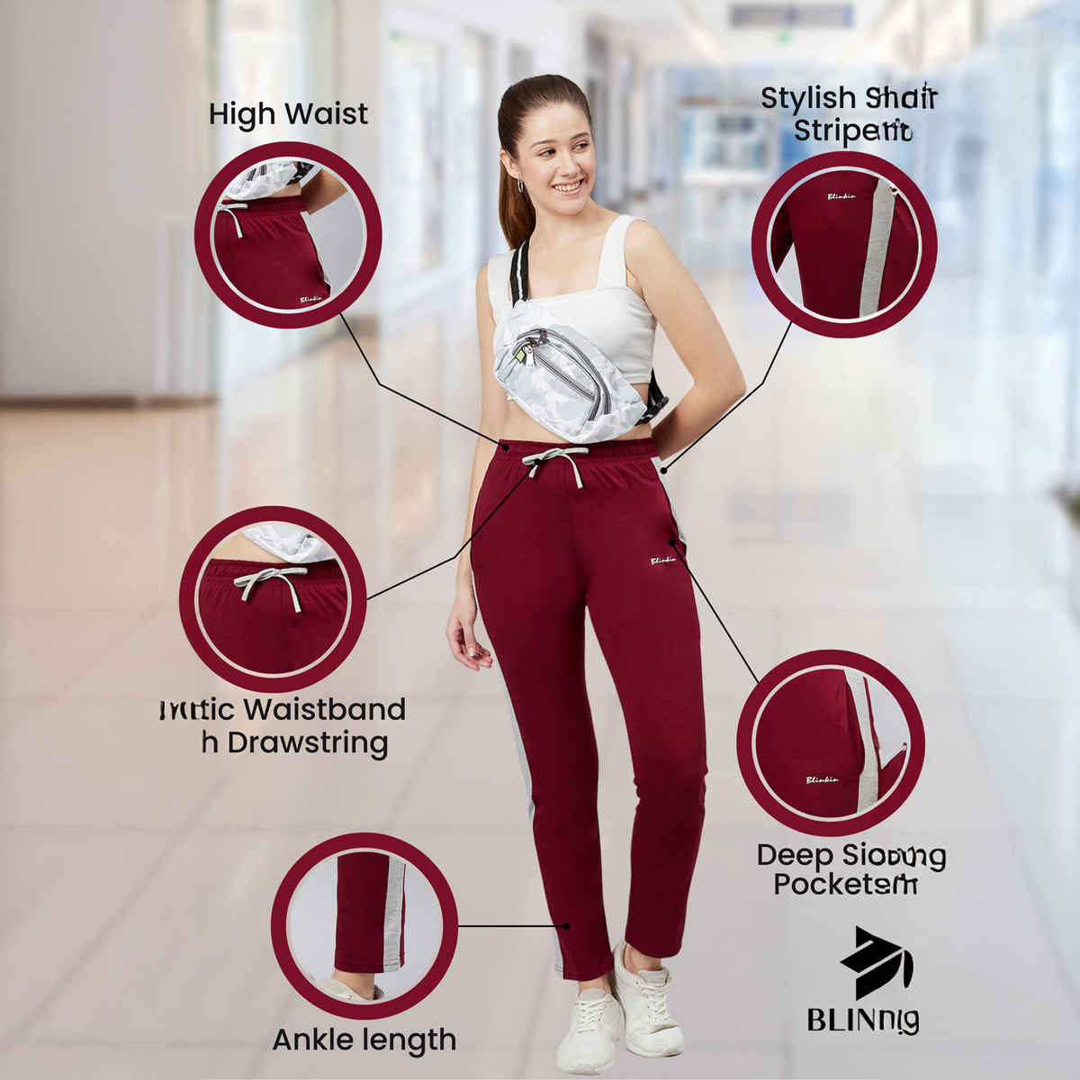 Blinkin Women's Cotton Color Block Pyjamas & Track Pants with Side Pockets | Maroon - M
