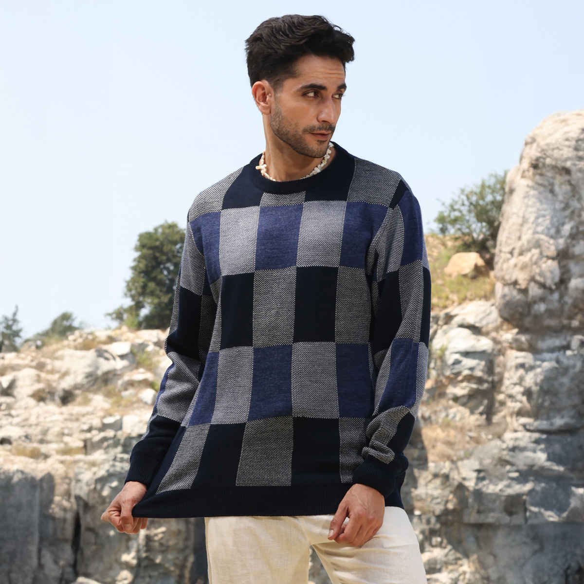 Campus Sutra Men's Block Check Pullover Sweater | Blue - M