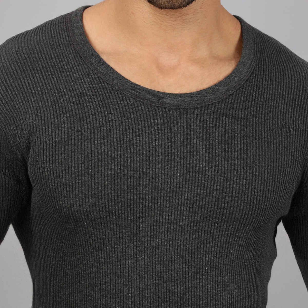 Lux Cozi Men's Heatek Thermal Comfort, Stretchable & Super Warm Round Neck Top | Black Melange-100