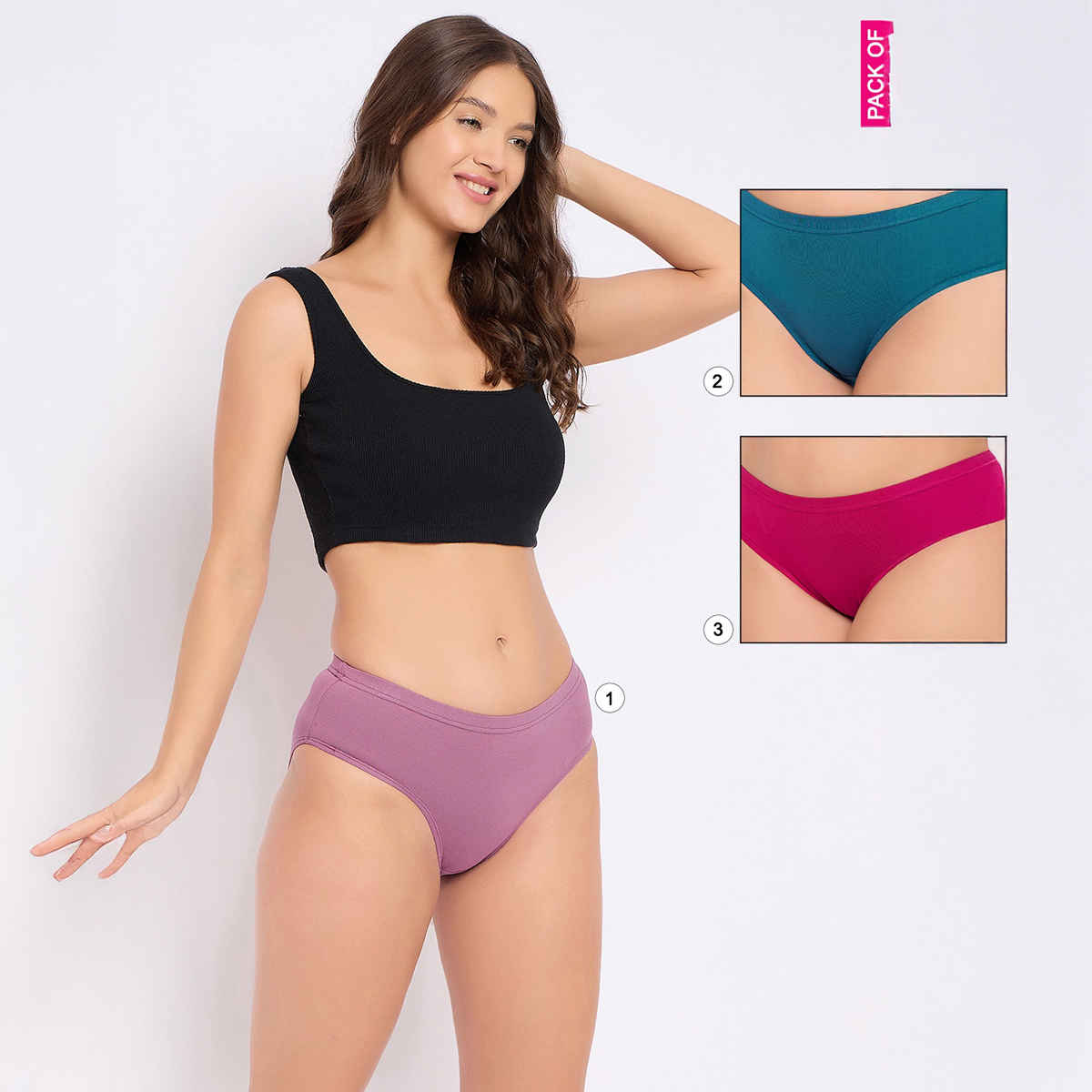 Clovia Cotton Spandex Pack Of 3 Medium Waist Inner Elastic Hipster Panty | M - Assorted