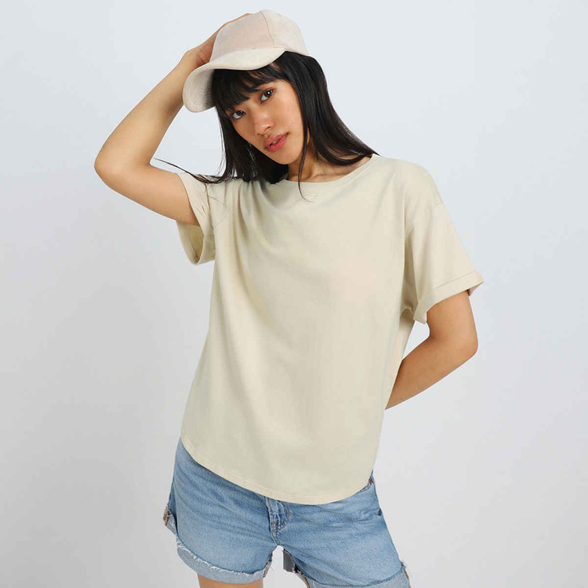Juneberry Women's Oversized Fit Boyfriend T-shirt | Beige - XL