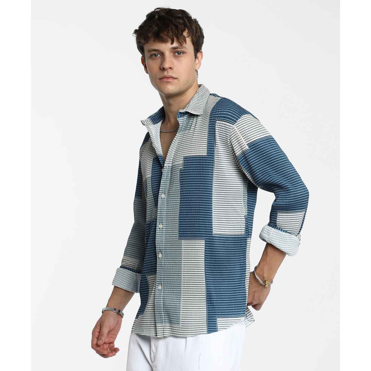 Campus Sutra Men's Retro-Pleat Shirt | Multicolour - S