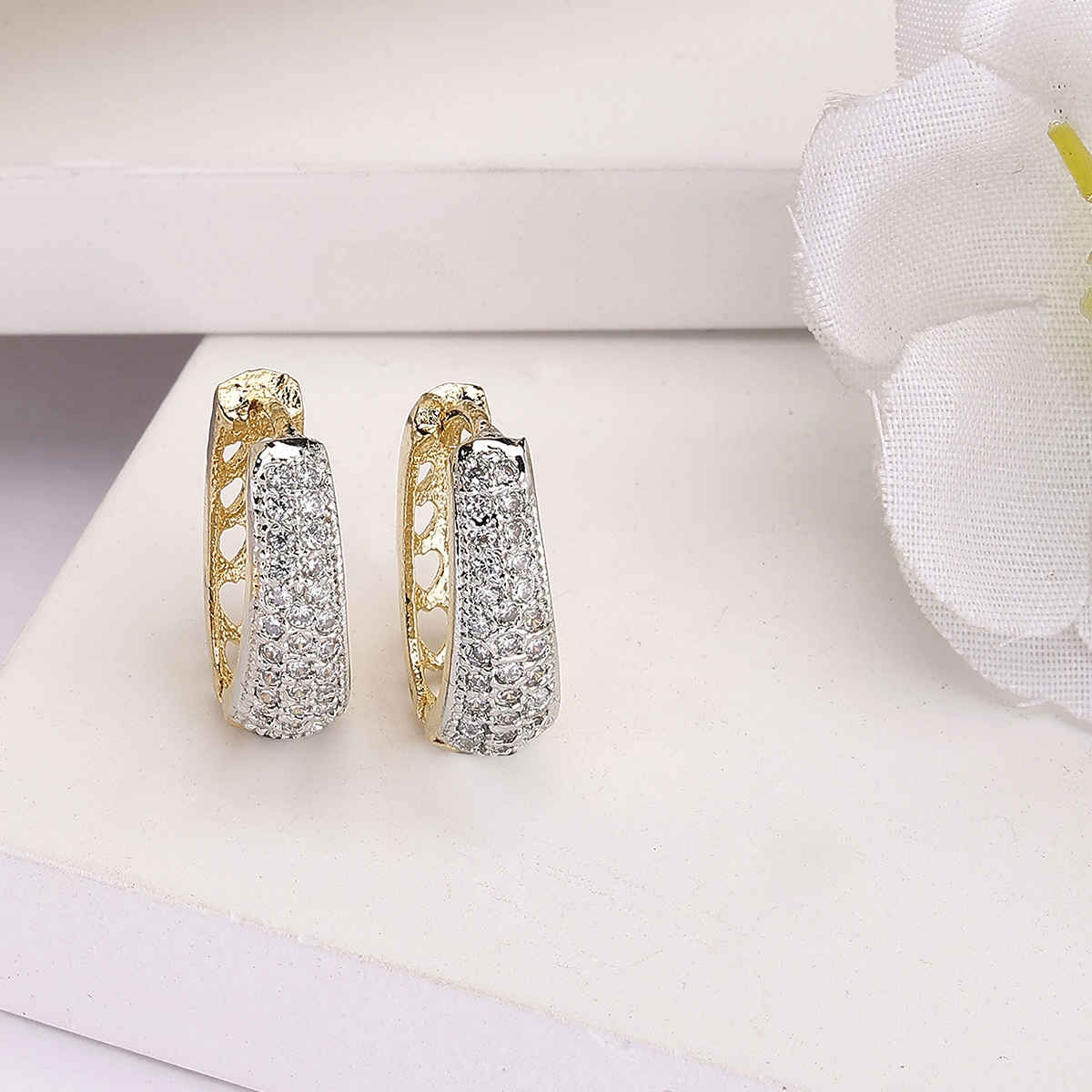 Zeneme Gold Plated Cubic Zirconia Studded Contemporary Hoop Earrings For Women & Girls