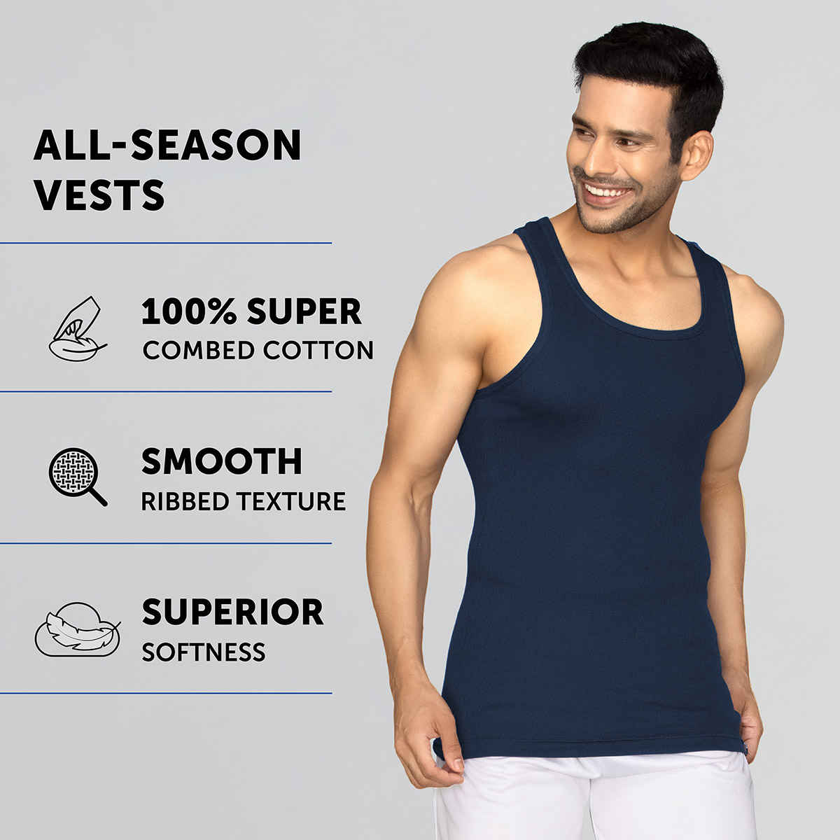 XYXX Men's Cotton Solid Ribbed Round Neck Vest, Pack of 2 , Black Iris & Olive| L