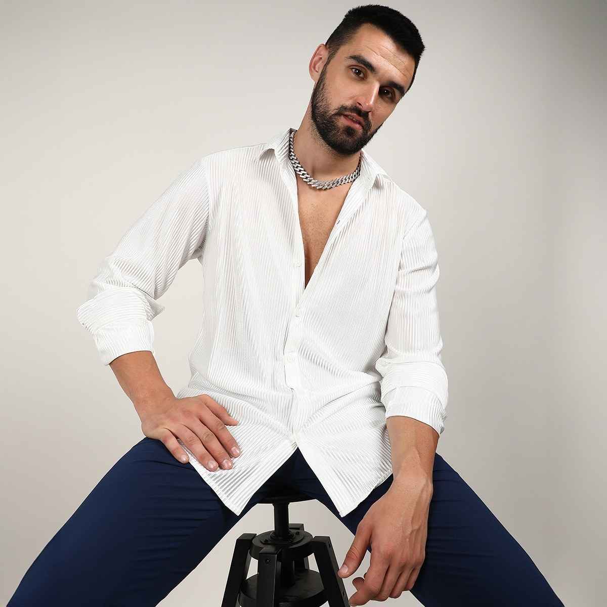 Campus Sutra Men's Pleat - Creased Shirt | White - L