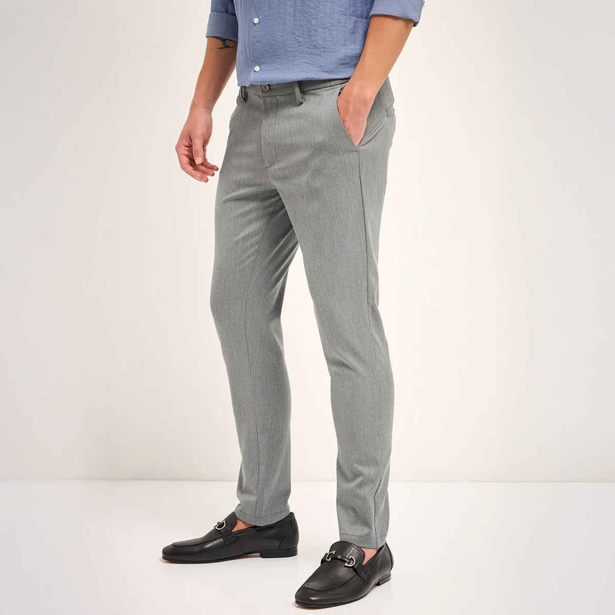 The Bear House Men 4 Way Stretch Solid Formal Trouser - Pagar | Grey | 38