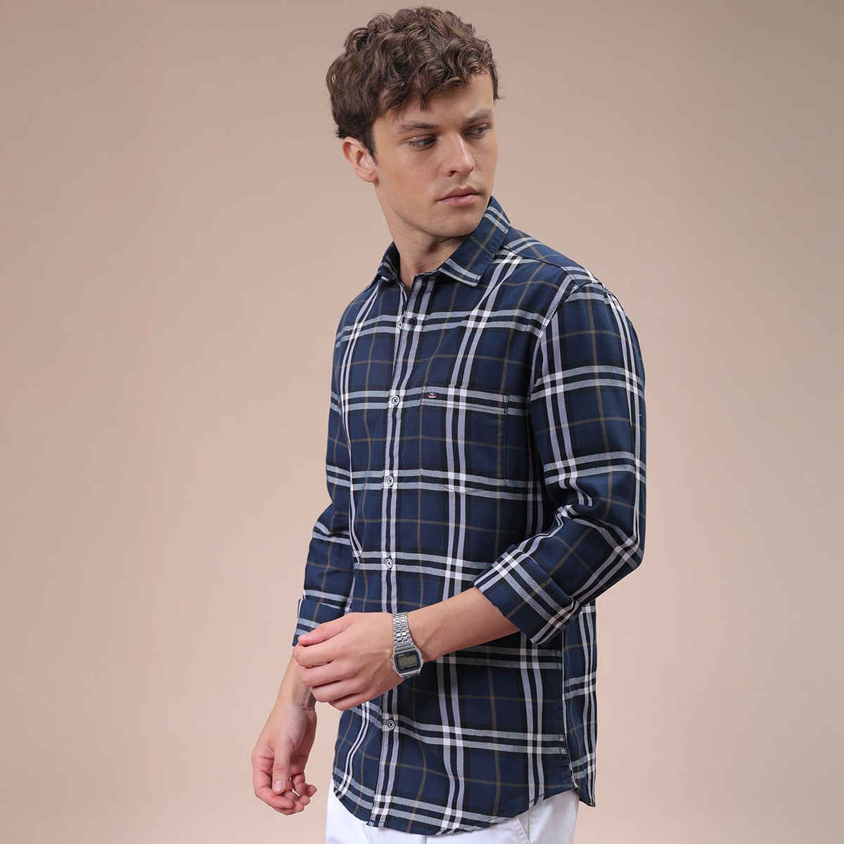 The Indian Garage Co Men's Slim Fit Checkered Casual Shirt | Navy Blue - S