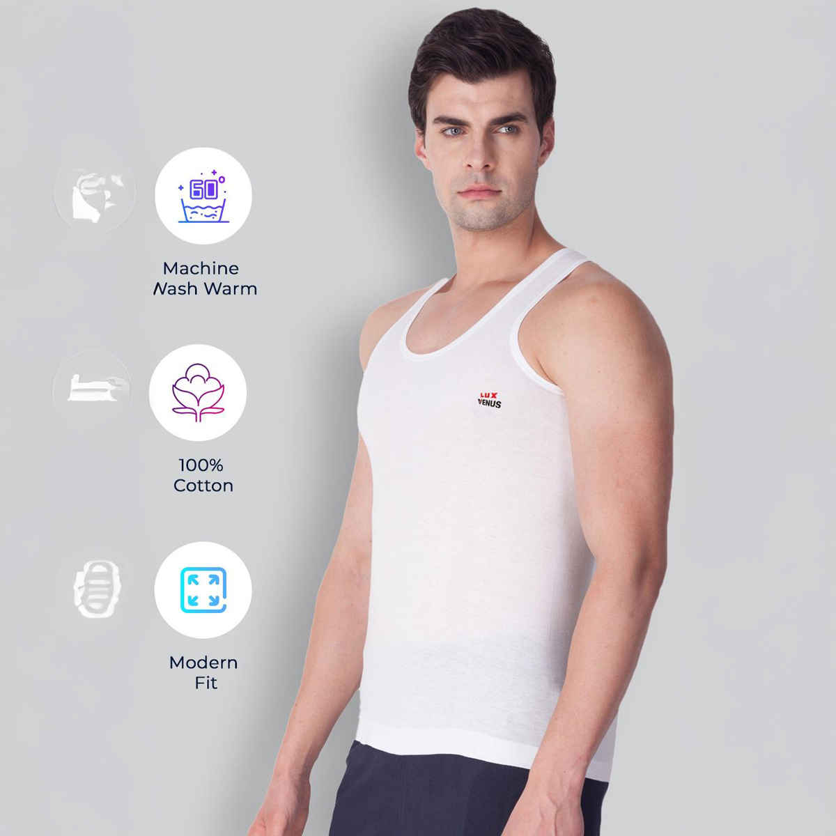 Lux Venus Super Combed Cotton Ribbed Round Neck Sleeveless Vest for Men, White, 100 - Pack Of 3