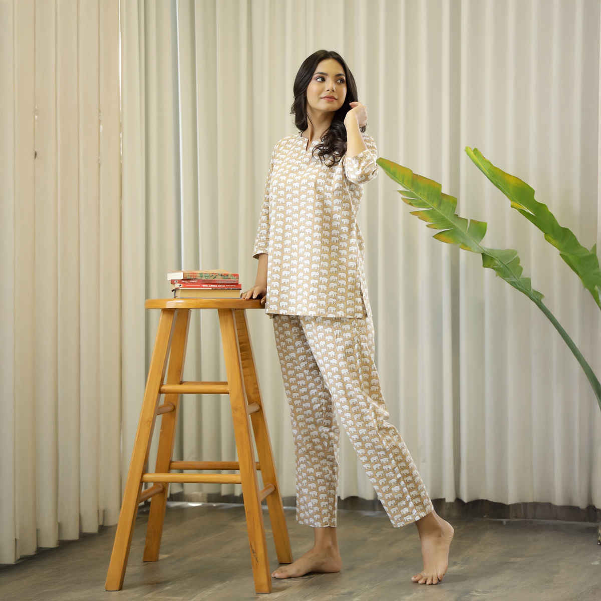 Sanskrutihomes Women's Printed Pure Cotton Night Suit | Beige - S