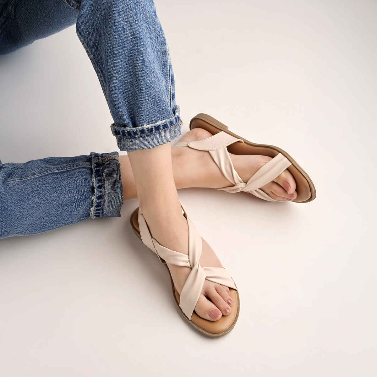 Shoetopia Cross Strap Cream Flat Sandals For Women | UK 8