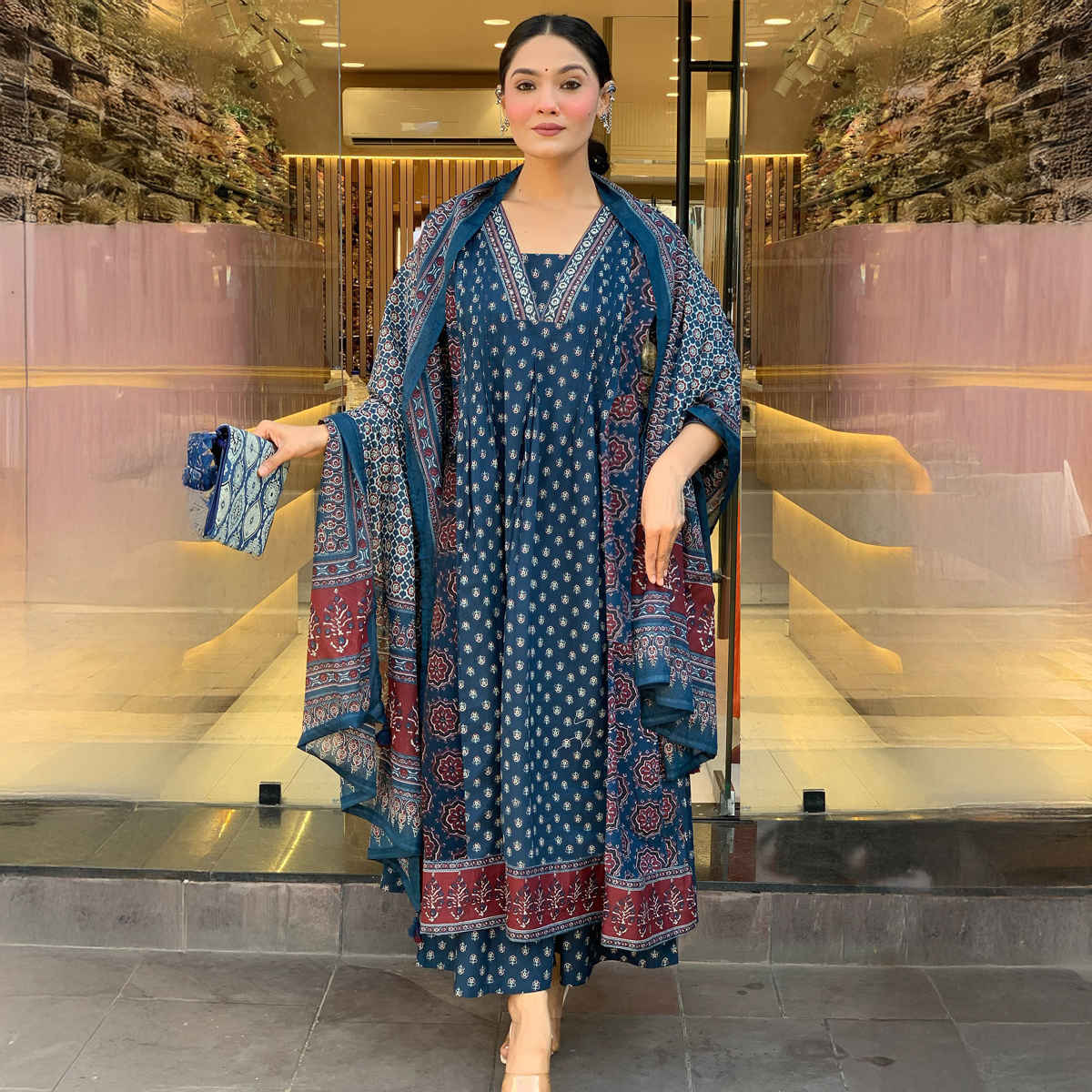 GoSriKi Women's Viscose Rayon Anarkali Printed Kurta with Pant & Dupatta | NAKULA | Blue - L