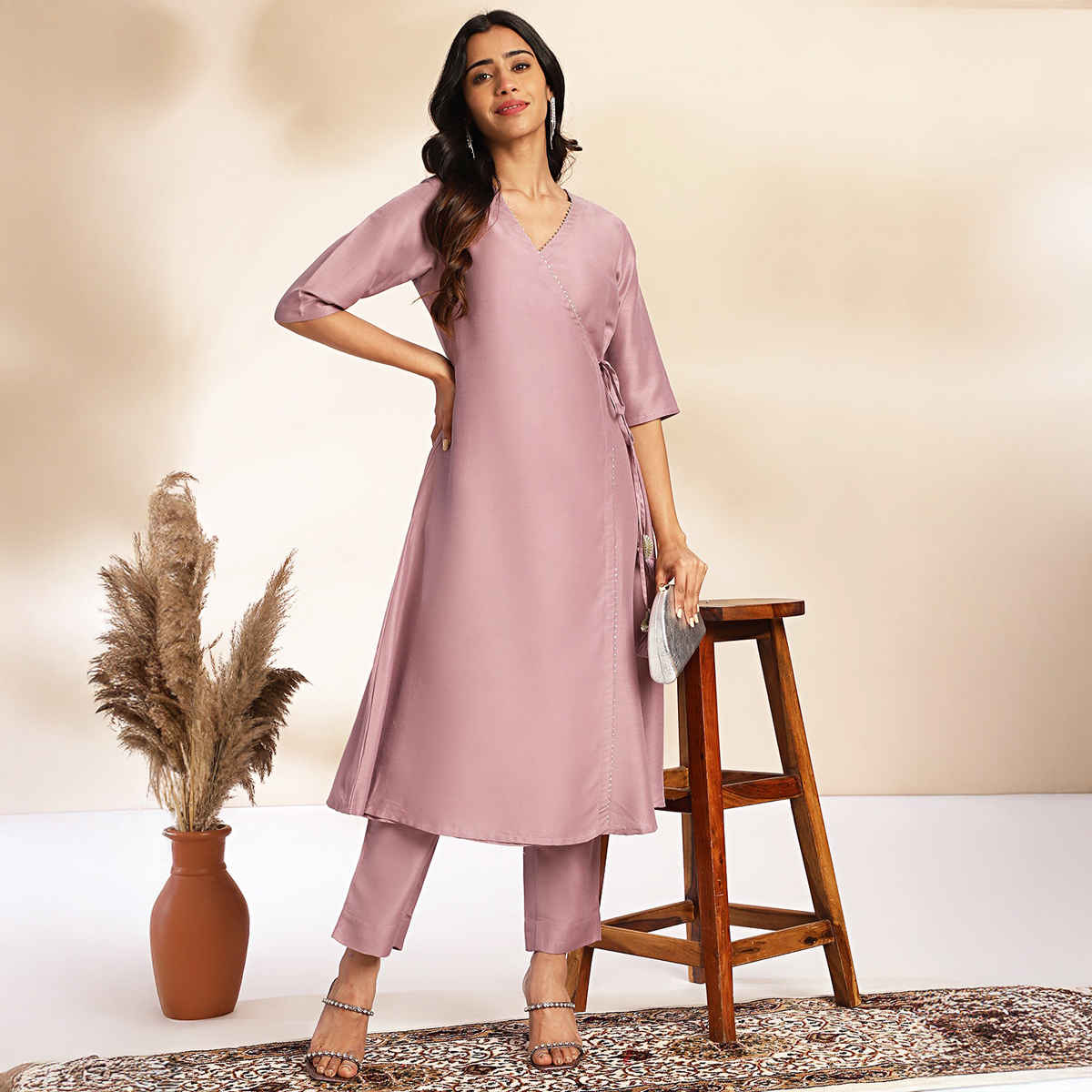 Janasya Women's Lavender Silk Blend Solid Wrap Kurta Set | M