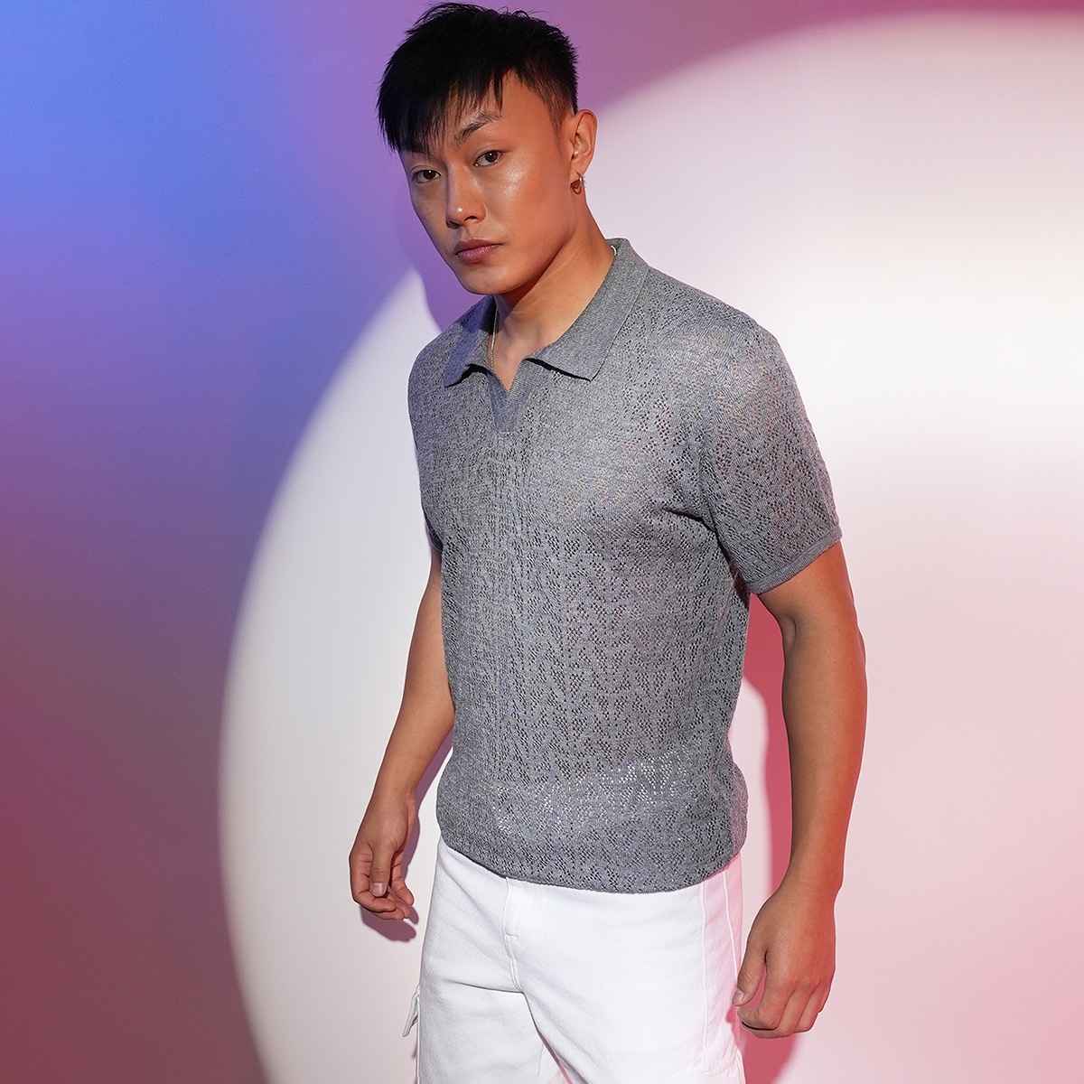 Campus Sutra Men's Abstract - Textured Polo T-shirt | Grey - L