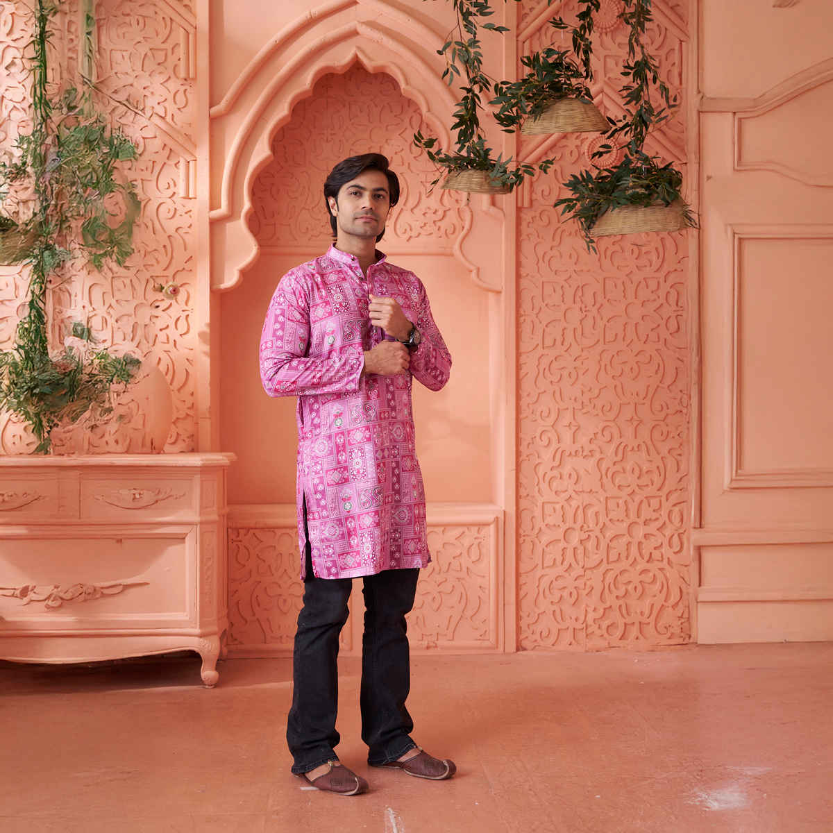 House Of Festivals Men's Printed Cotton Blend Long Kurta | Purple - M