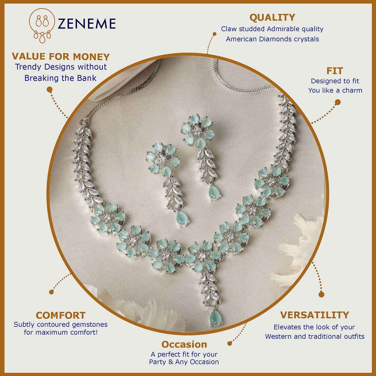 Zeneme Rhodium-Plated Sea Green American Diamond Necklace Earrings Jewellery Set for Women & Girl