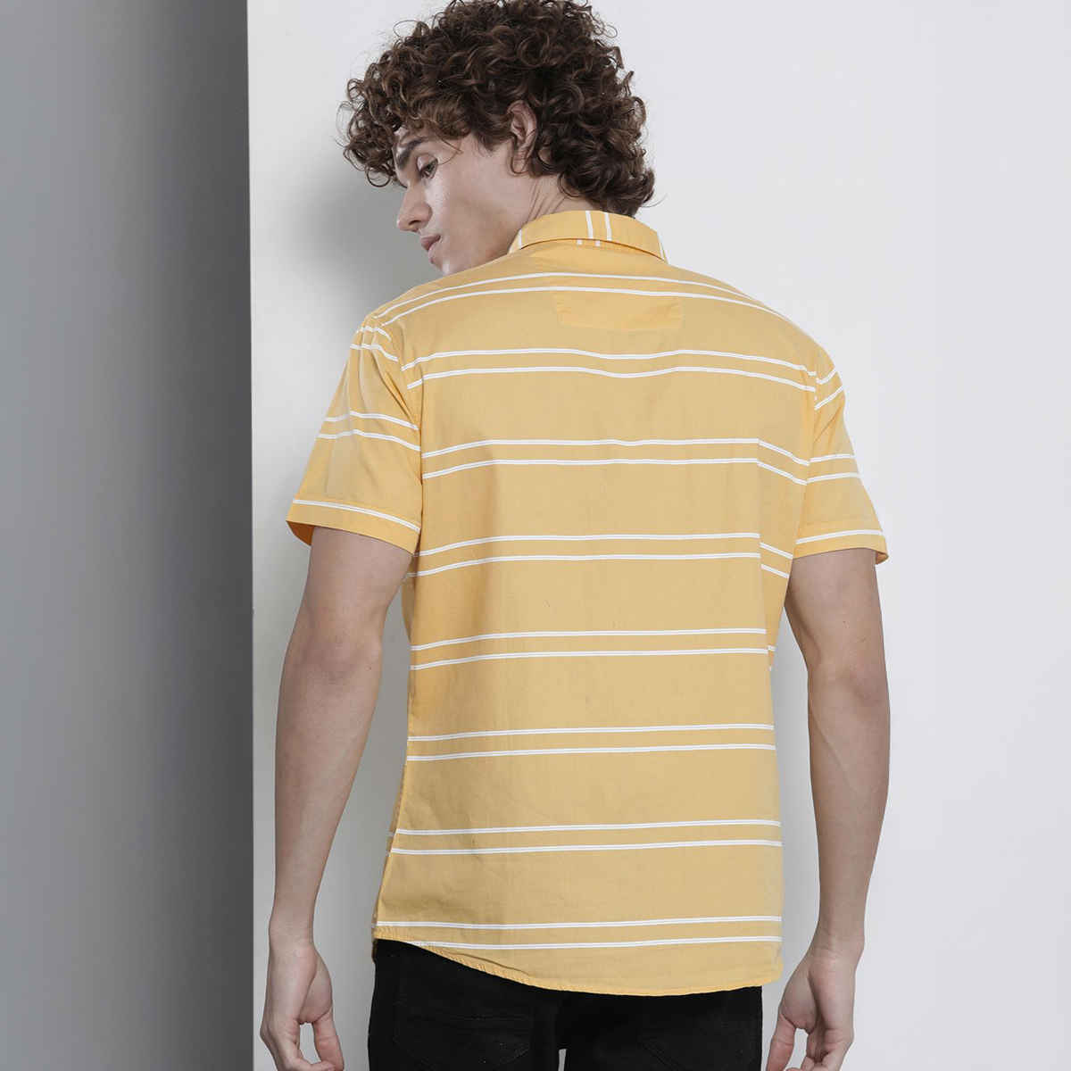 The Indian Garage Co Men's Slim Fit Striped Casual Half Sleeve Shirt | Yellow - M