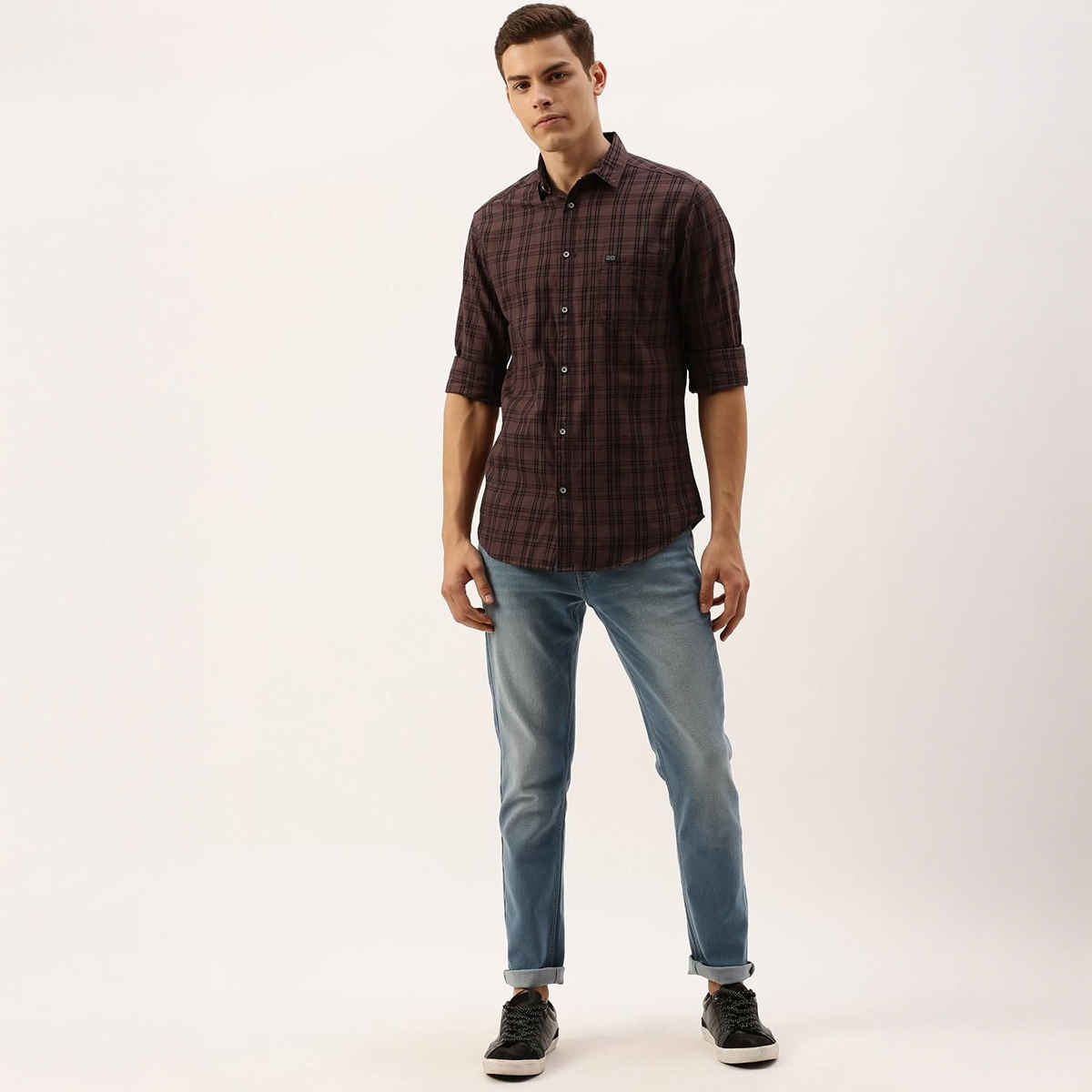 The Indian Garage Co Men's Slim Fit Checkered Casual Shirt | Brown - S