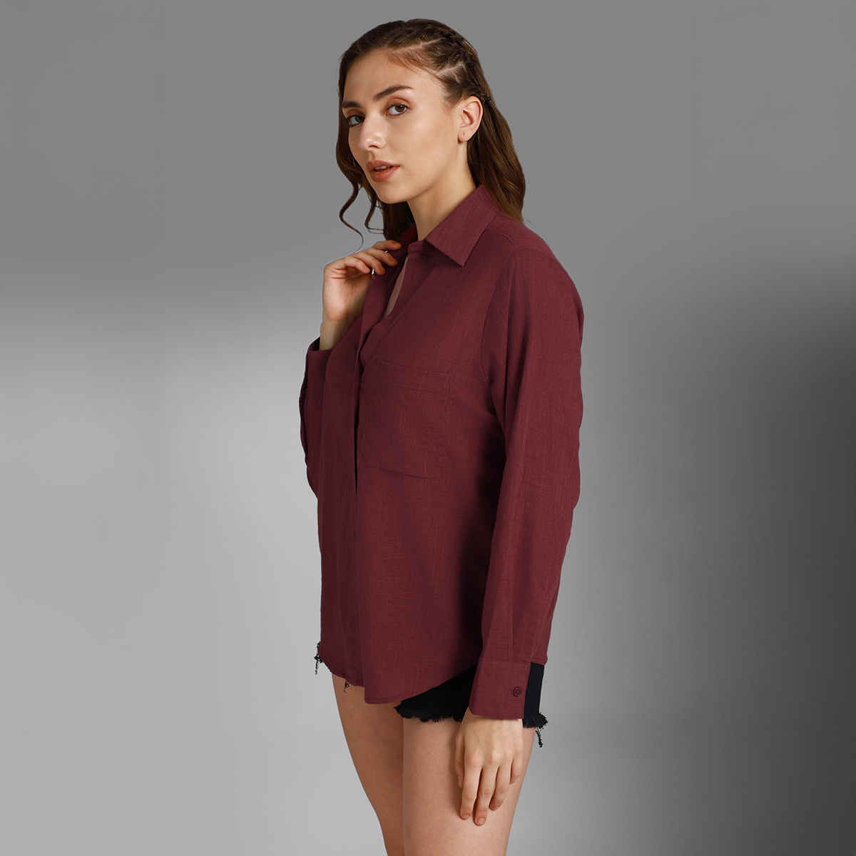 High Star Women Maroon Classic Spread Collar Long Sleeves Cotton Casual Shirt (Size-L)