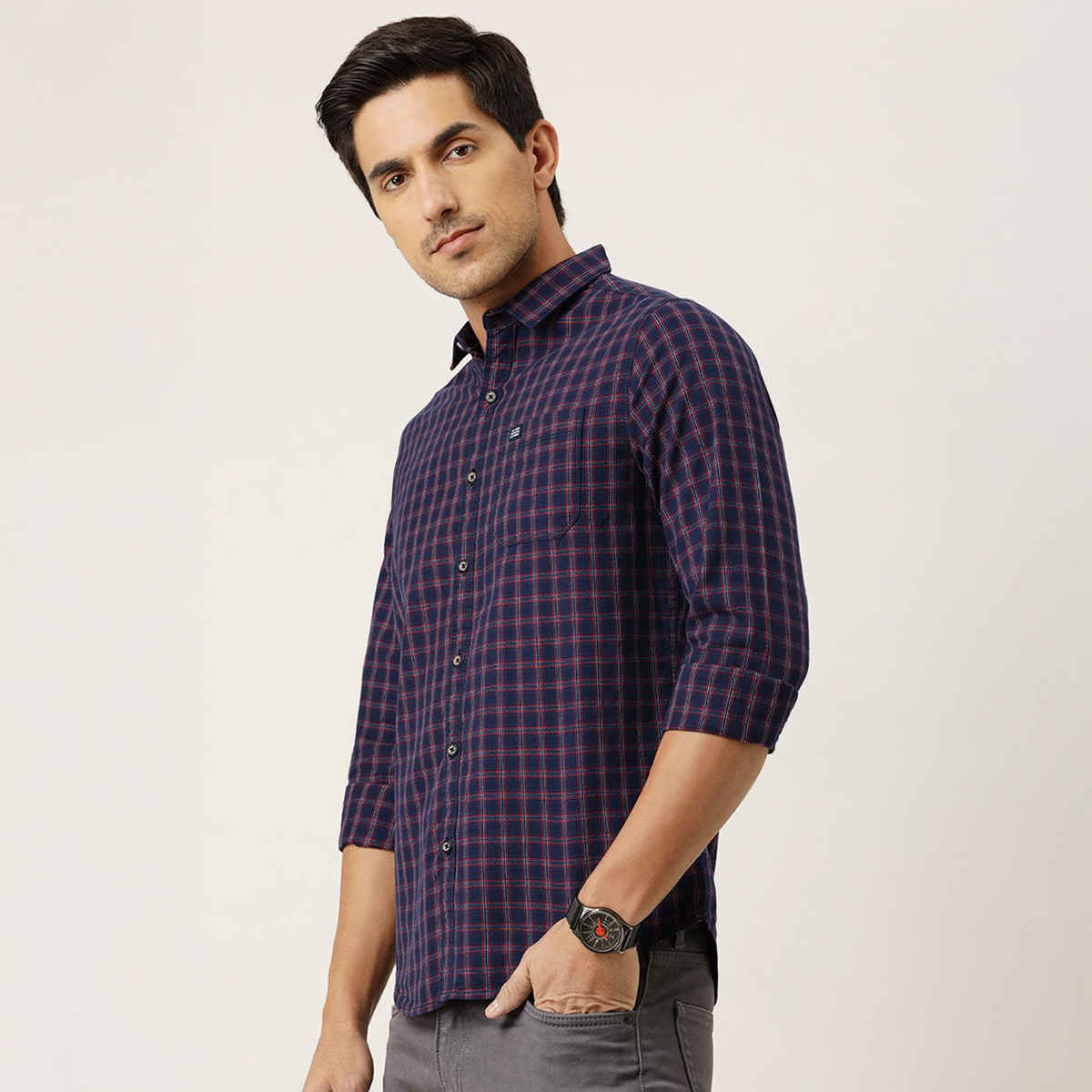 The Indian Garage Co Men's Slim Fit Checkered Casual Shirt | Navy Blue & Red - L