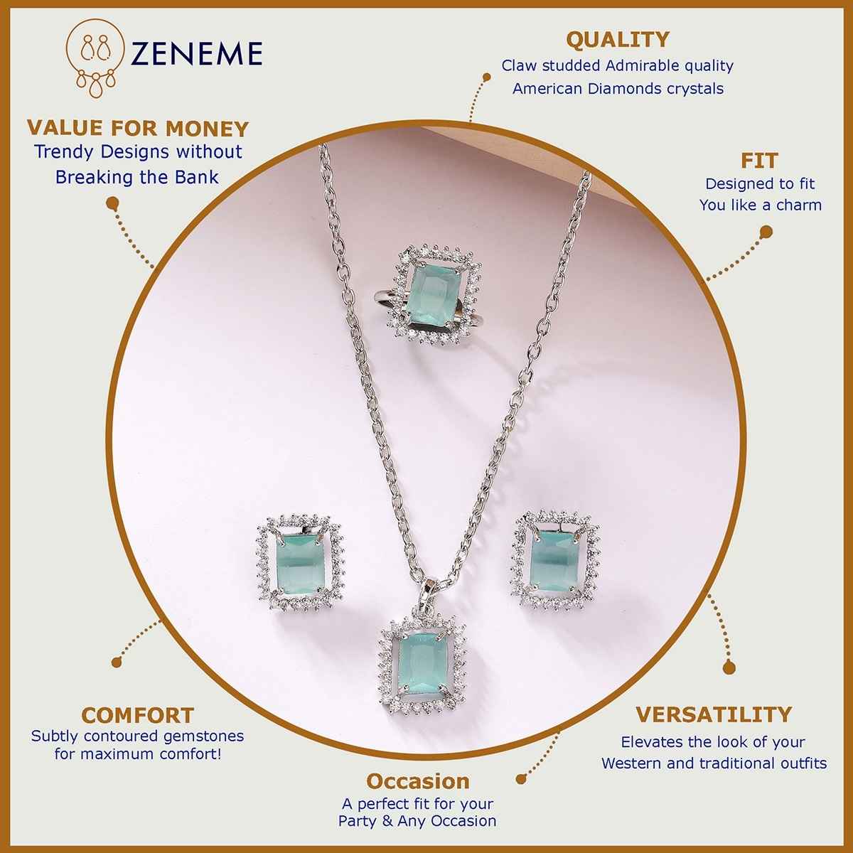 Zeneme Rhodium Plated Sea Green AD Studded Princess Cut Crytsal Necklace Earring Ring For Women