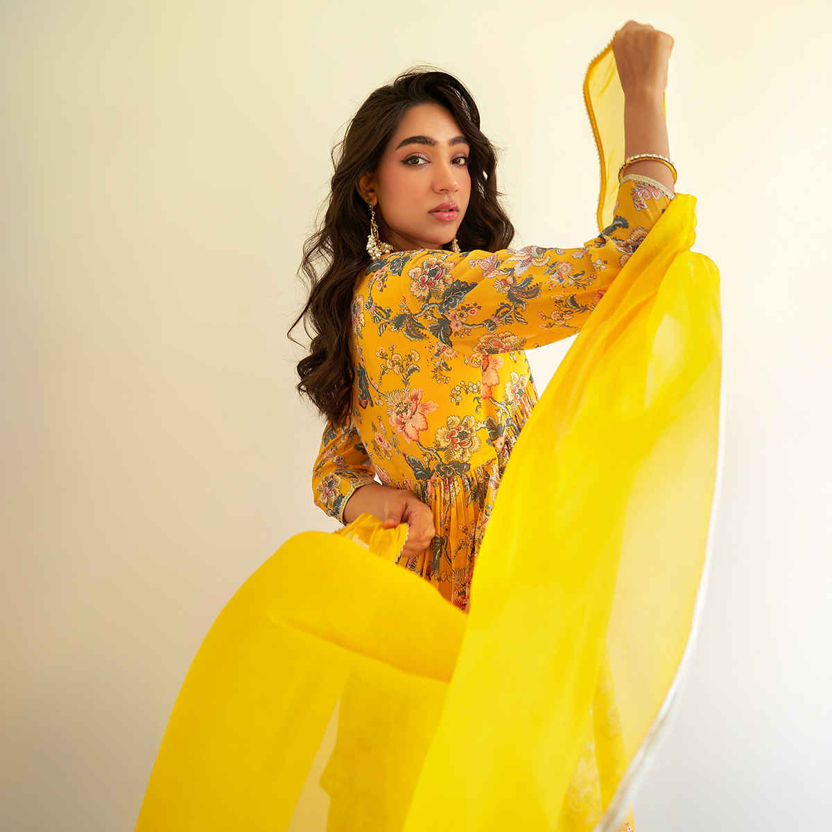 Janasya Women's Yellow Georgette Digital Floral Printed Kurta with Sharara and Dupatta | S