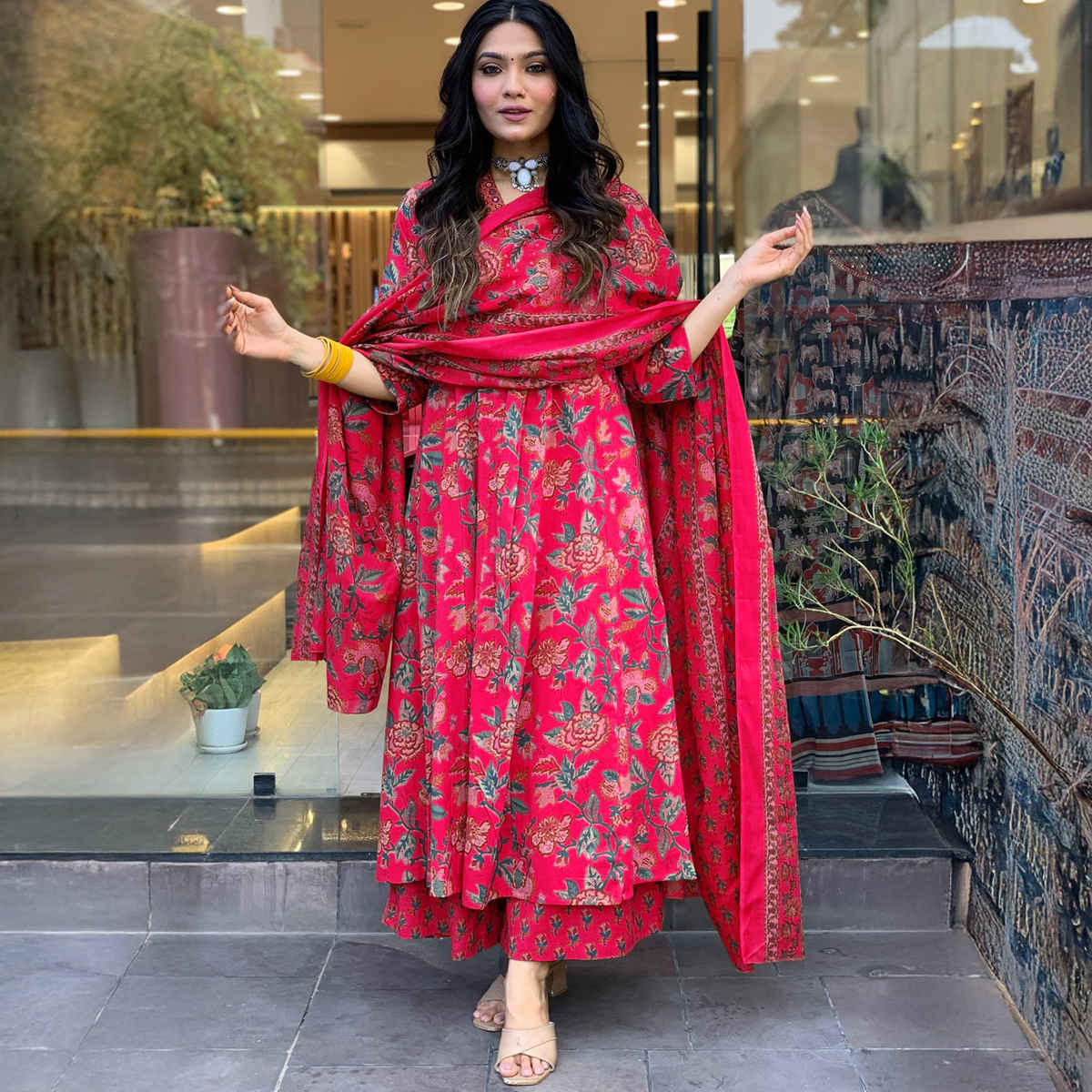 GoSriKi Women's Viscose Rayon Anarkali Printed Kurta with Pant & Dupatta | CIA | Pink - M