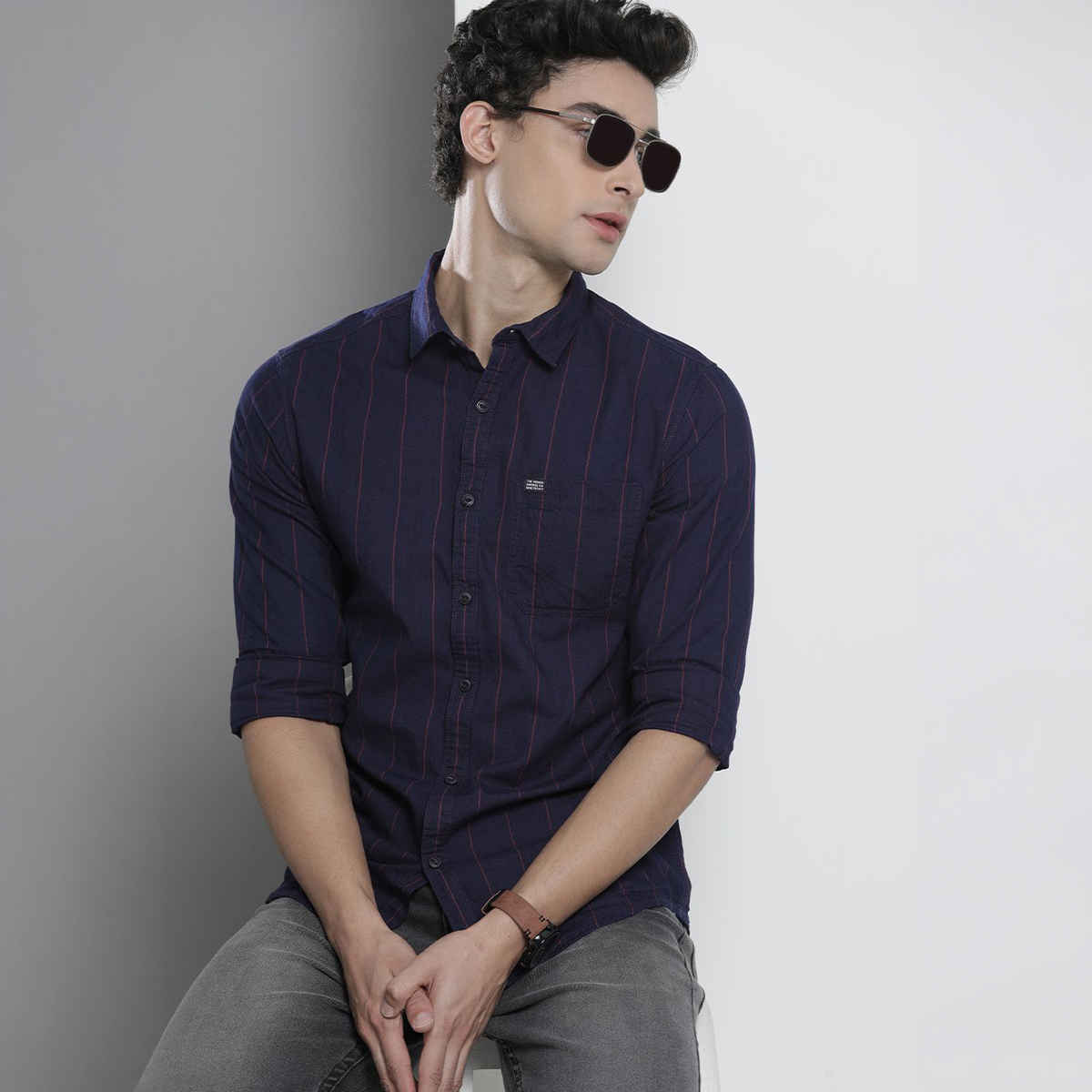 The Indian Garage Co Men's Slim Fit Checkered Casual Shirt | Navy Blue - XL