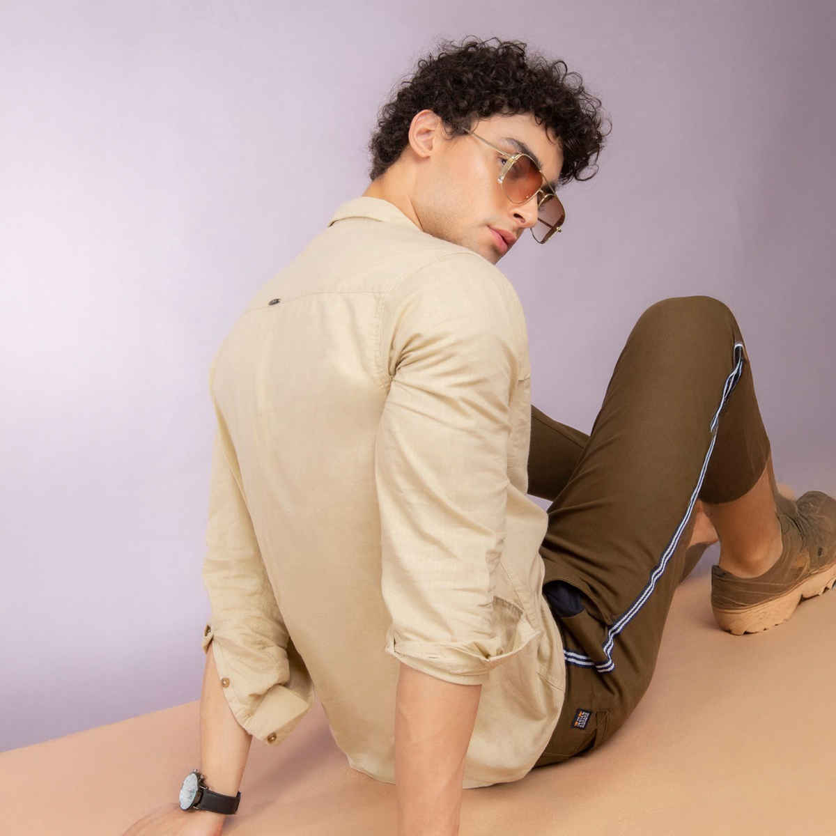 The Indian Garage Co Men's Slim Fit Solid Casual Shirt | Beige - S