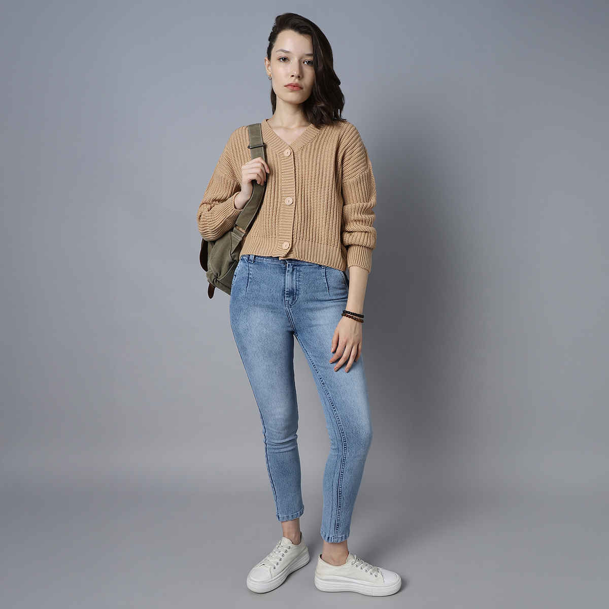 High Star Women's Sand Ribbed V-Neck Long Sleeves Acrylic Cardigan Sweaters | M