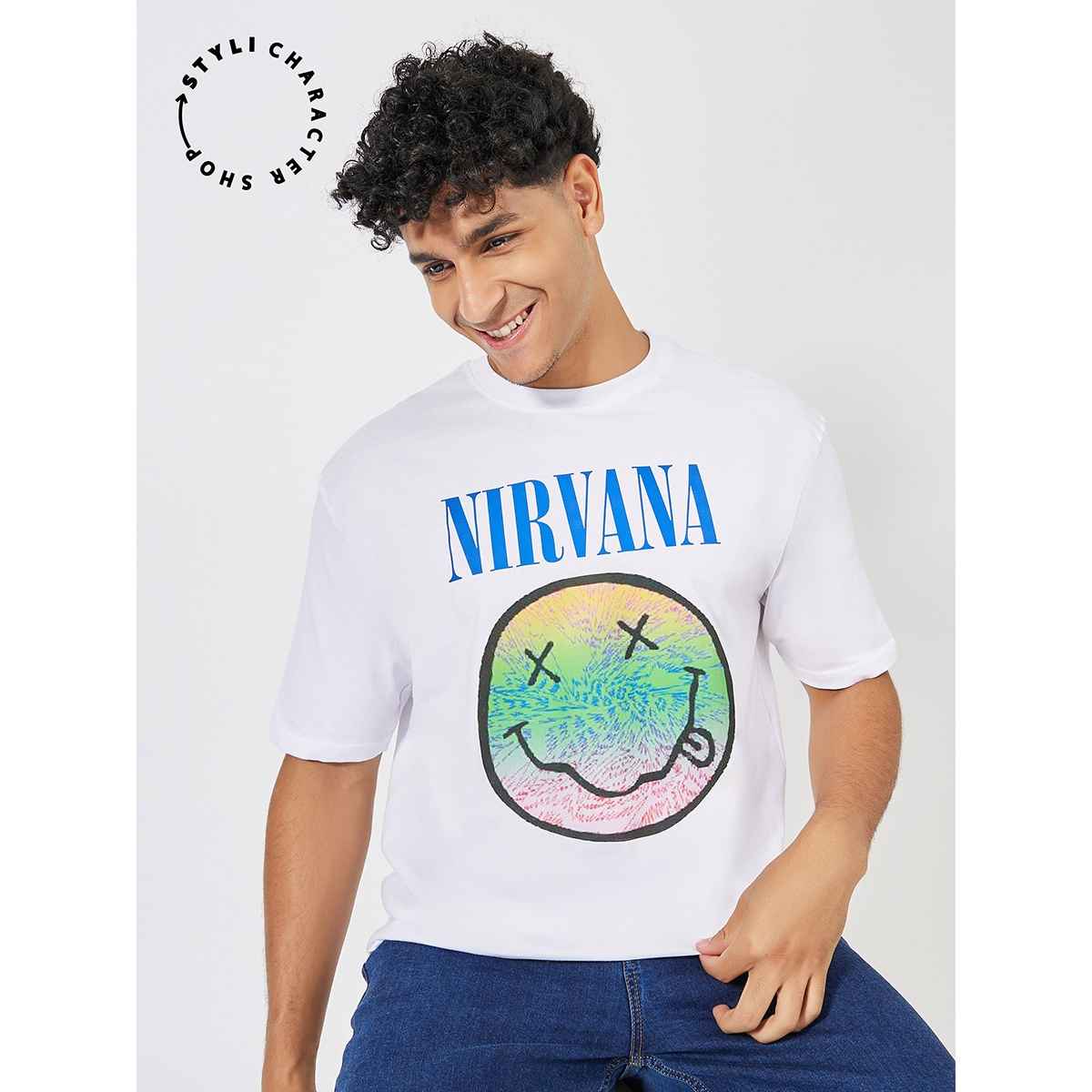 Styli Men's Oversized Tee with Nirvana Graphic Sticker Print | White - M