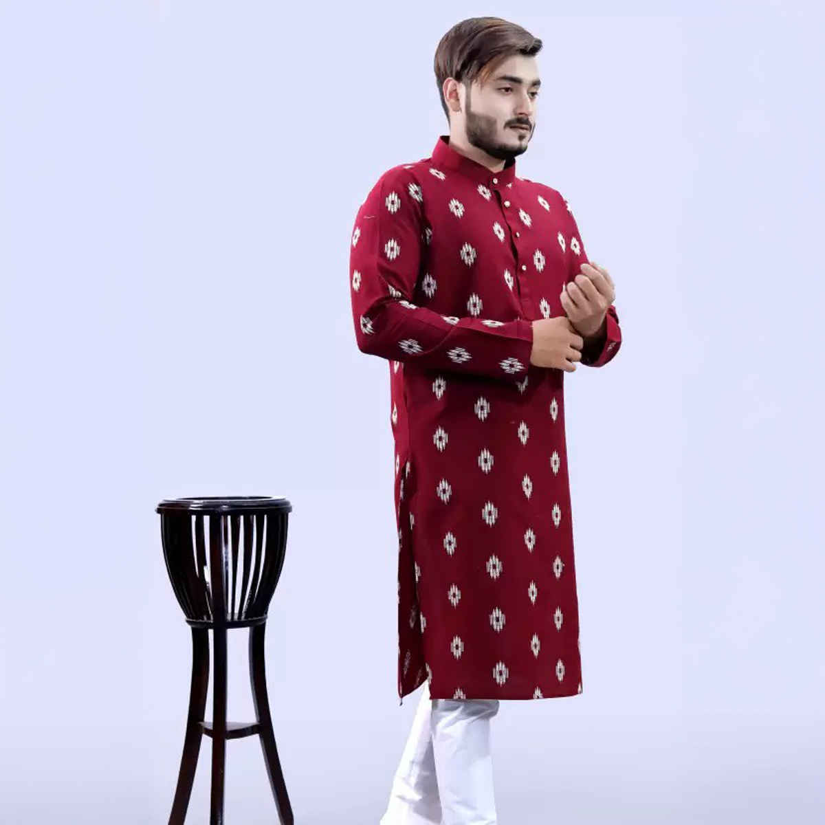 Tibra Collection Men Straight Kurta - Maroon | Printed | Cotton Blend | L