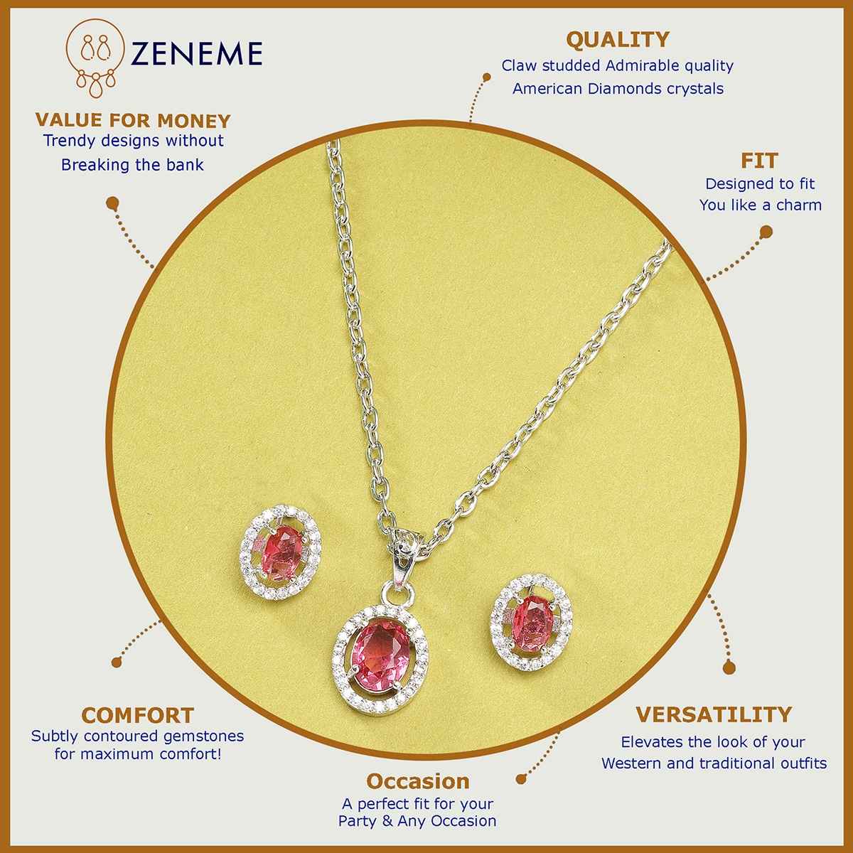 Zeneme Rhodium Plated American Diamond Studded Necklace and Earrings For Women & Girls