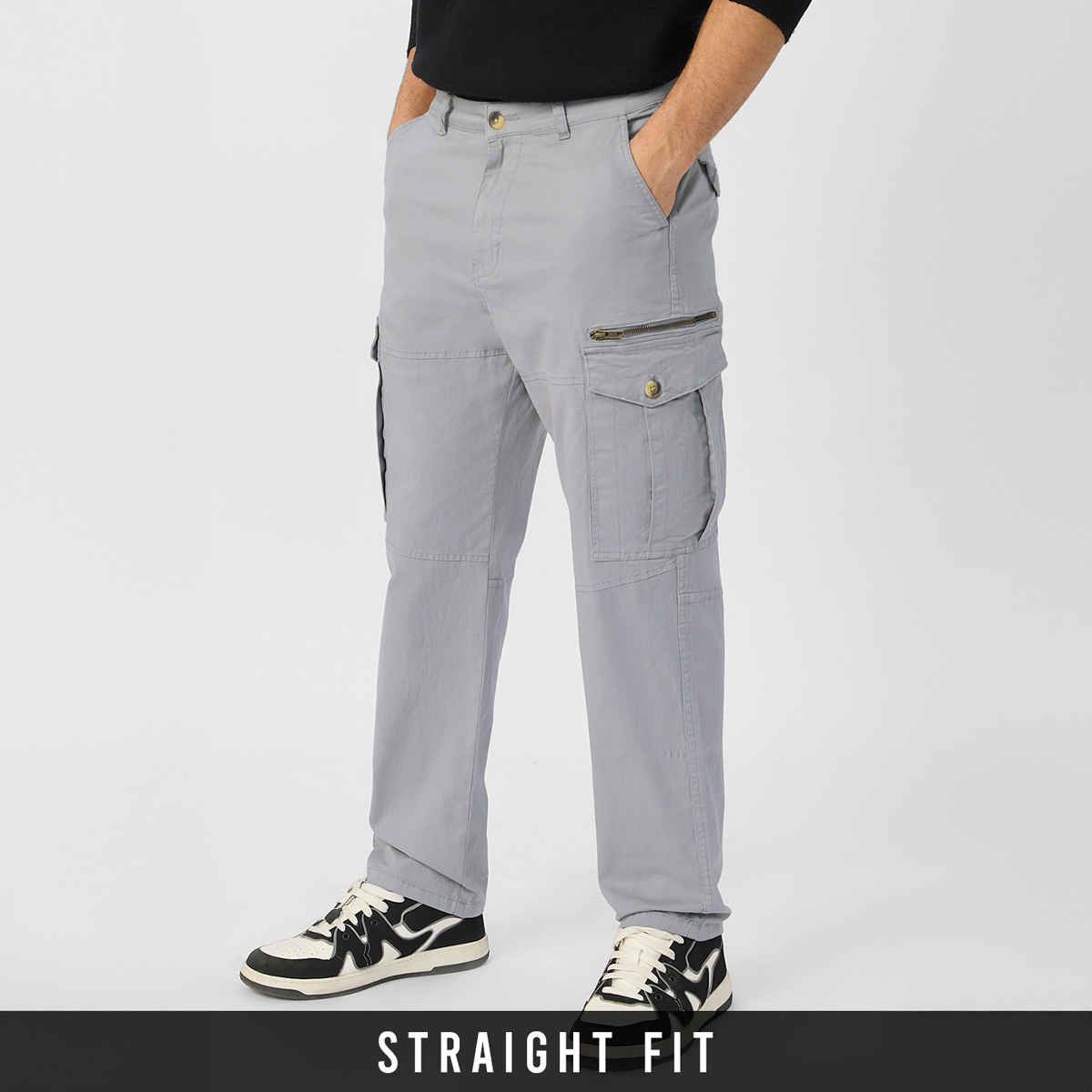 The Souled Store Men's Solids Cargo Pants | Grey - 30