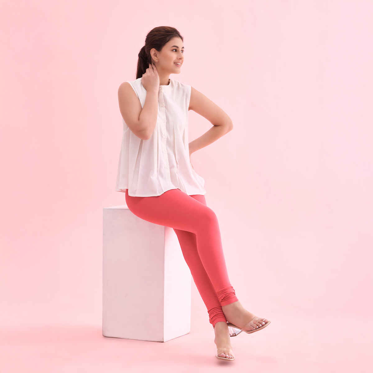 Go Colors Women's Solid Mid Rise Churidar | Coral - XL