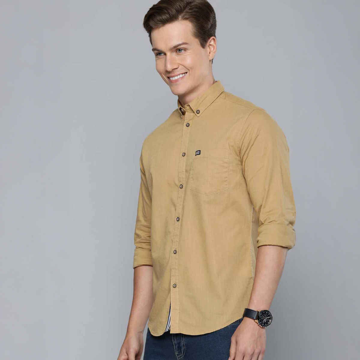 The Indian Garage Co Men's Slim Fit Solid Casual Shirt | Khaki - M