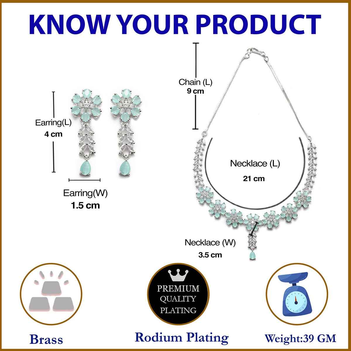 Zeneme Rhodium-Plated Sea Green American Diamond Necklace Earrings Jewellery Set for Women & Girl