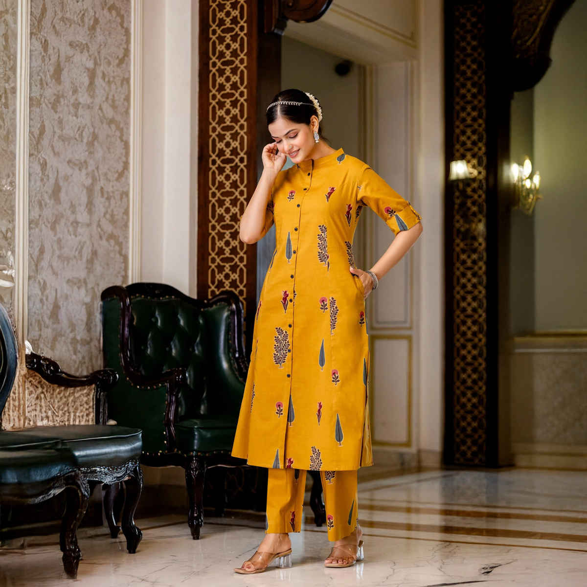 GoSriKi Women's Rayon Blend Straight Printed Kurta with Pant | BARKAT | Yellow - L