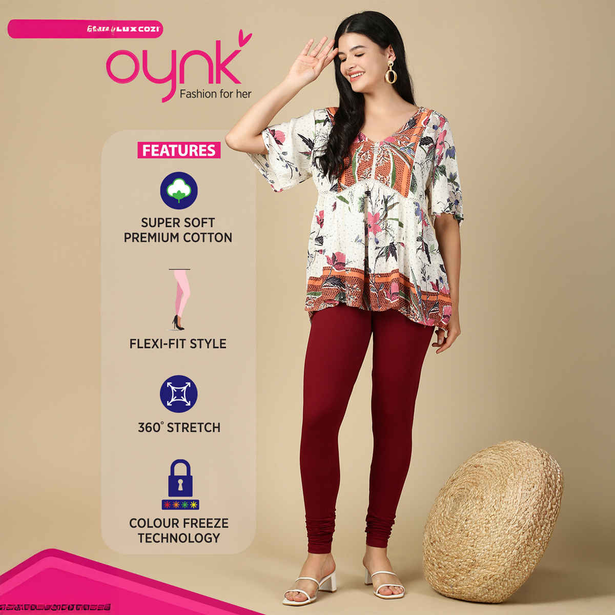 PYNK By Lux Cozi Women Ultra Soft 360 Stretch Premium Cotton Churidar Leggings | Maroon | Free Size
