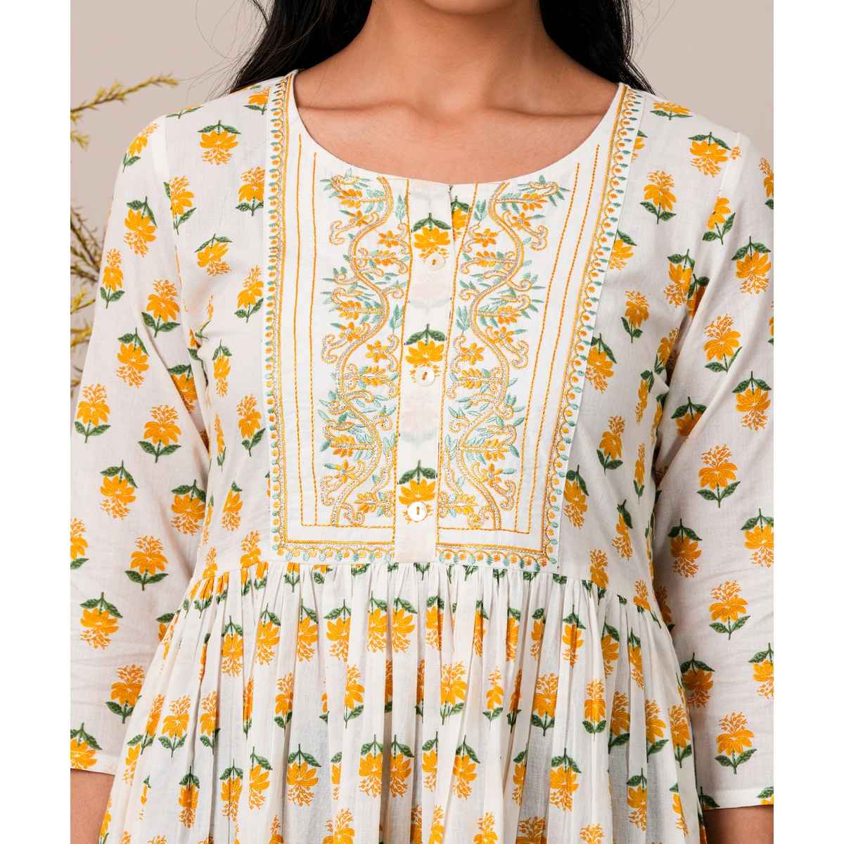 Libas Floral Printed Women's Dress With Embroidered Yoke & Pleated Style | Mustard White | XL