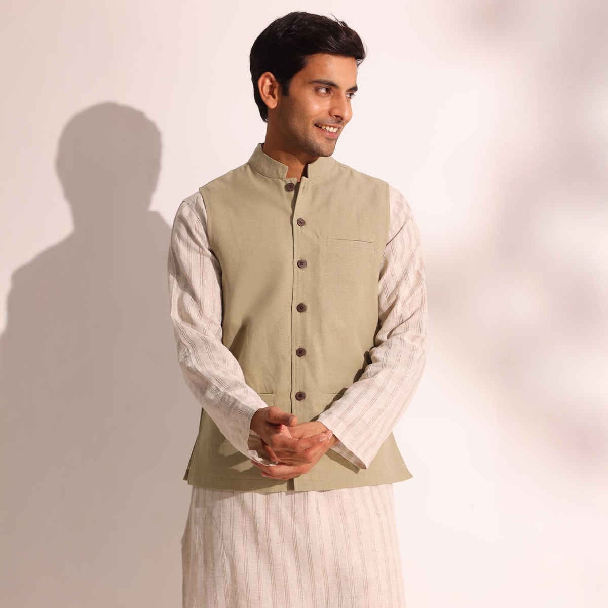 Fabindia Men's Nehru Jacket Cotton Comfort Fit | Green - L