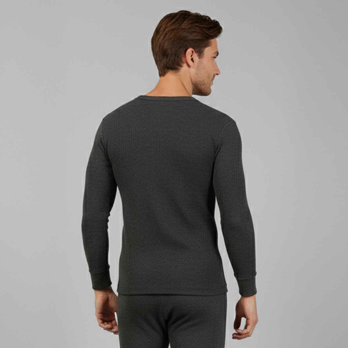 Lux Cozi Men's Heatek Thermal Comfort, Stretchable & Super Warm Round Neck Top | Black Melange-85