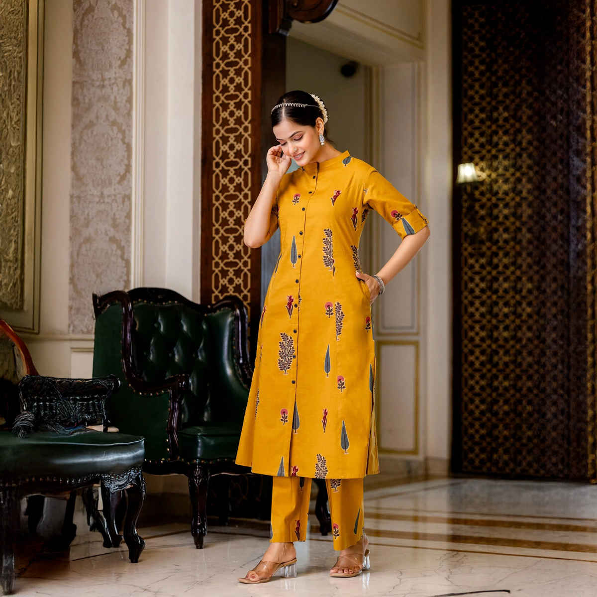 GoSriKi Women's Rayon Blend Straight Printed Kurta with Pant | BARKAT | Yellow - M