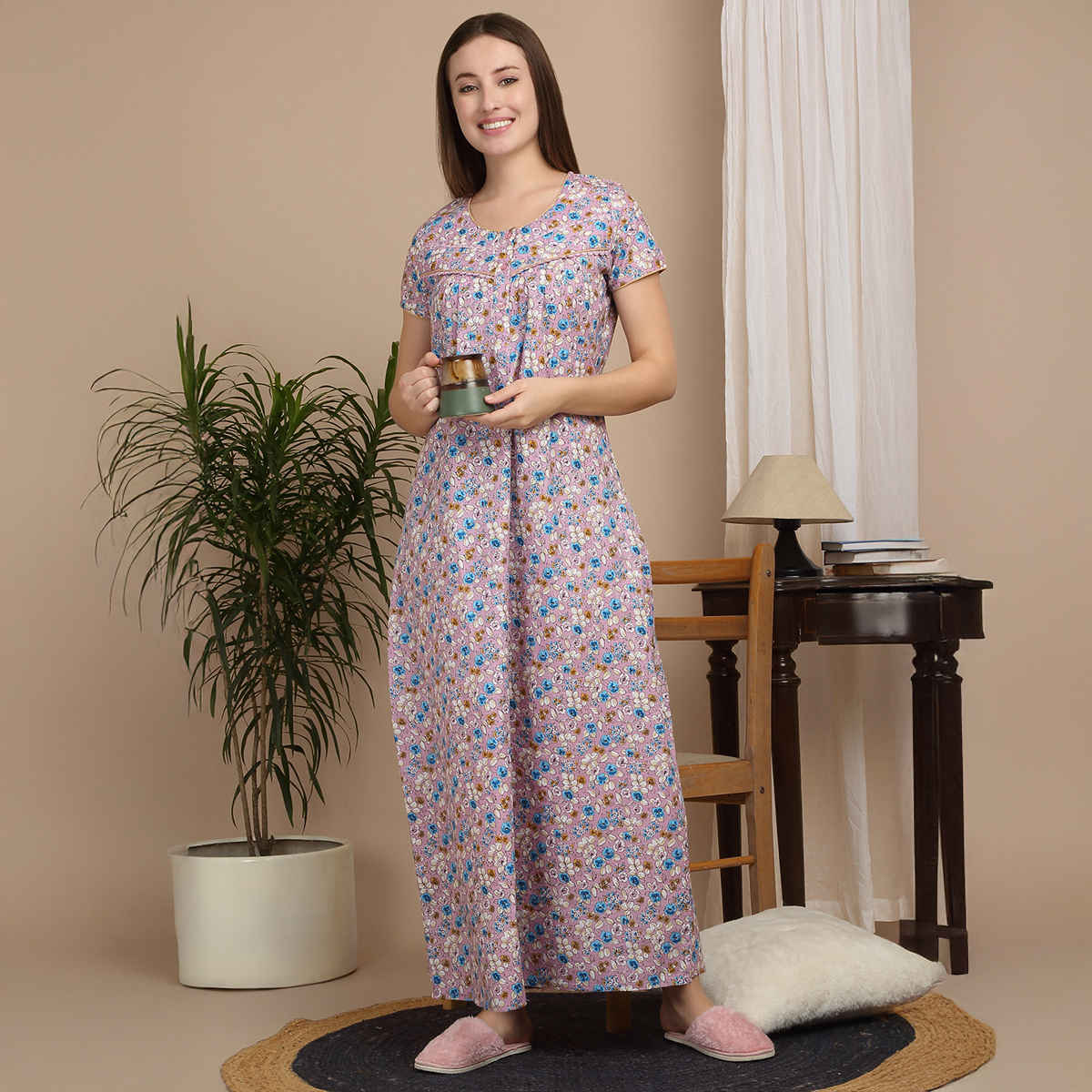 Sweet Dreams Women Floral Print Full Length Night Dress (Rose, M)