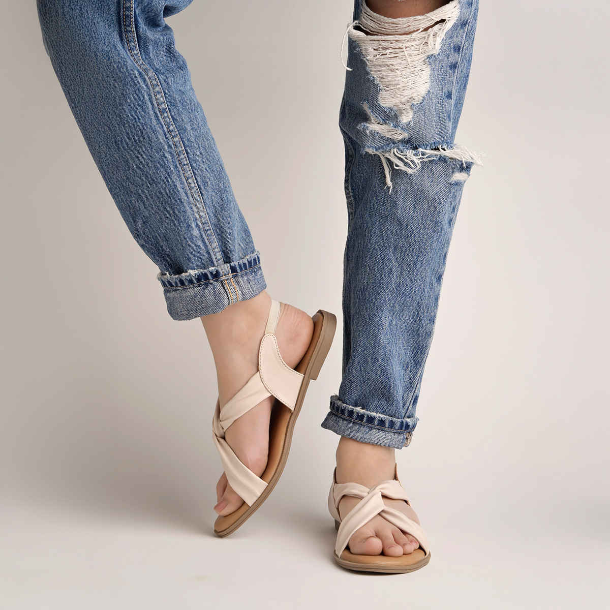 Shoetopia Cross Strap Cream Flat Sandals For Women | UK 9