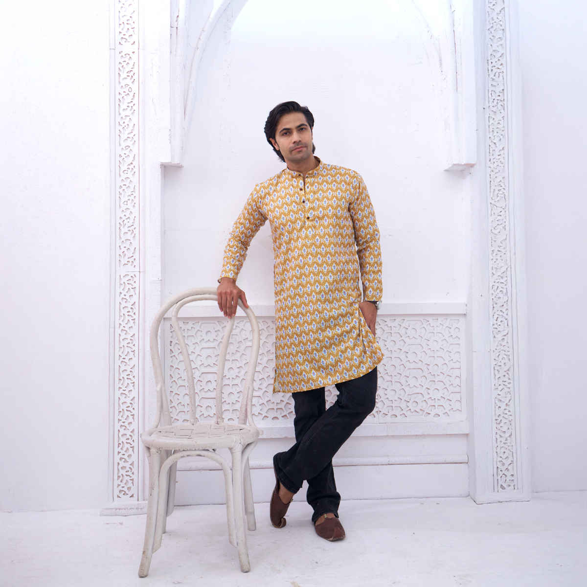 House Of Festivals Men's Printed Cotton Blend Long Kurta | Yellow - XL