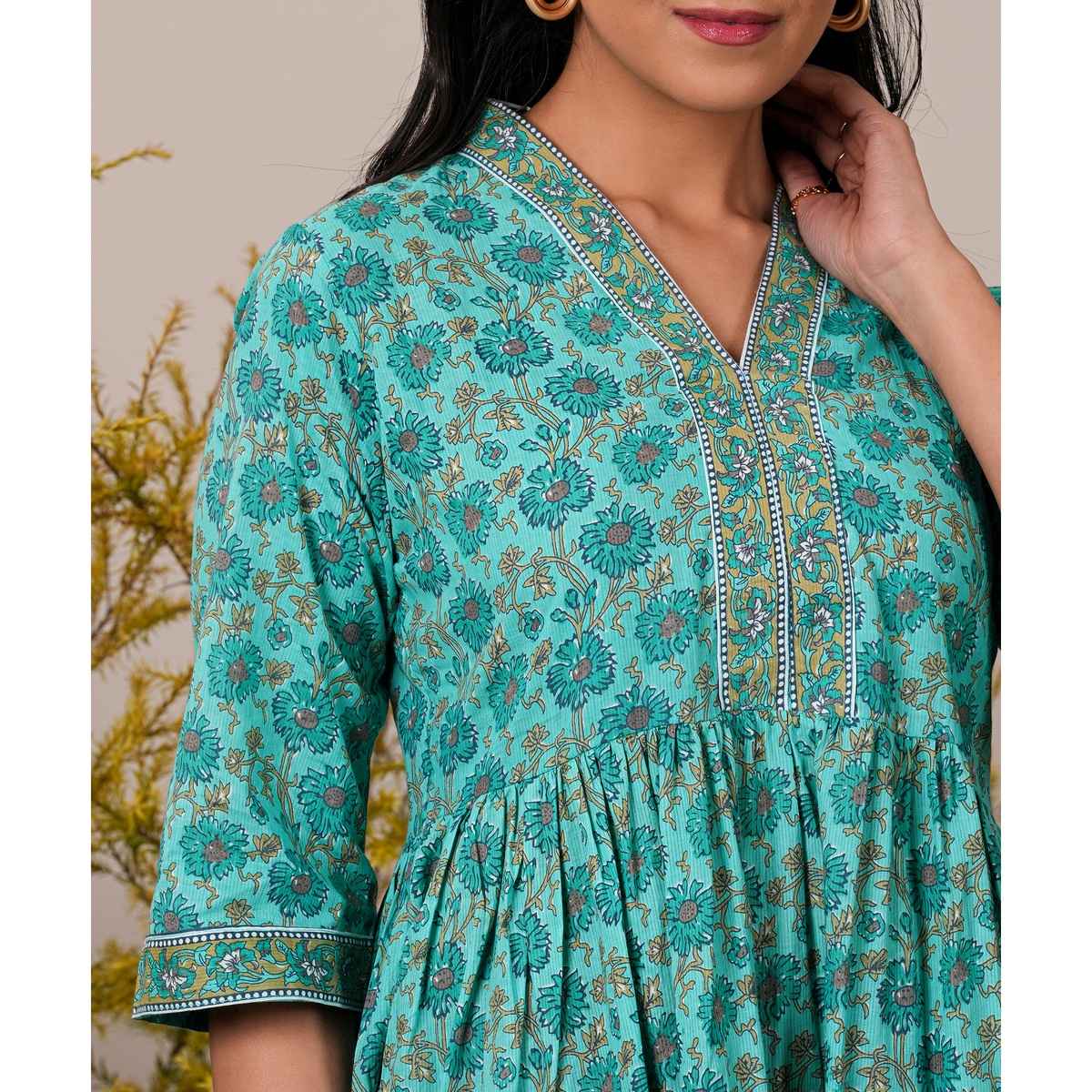 Libas Turquoise Cotton Floral Printed a | Line Kurti | Turquoise Blue | L